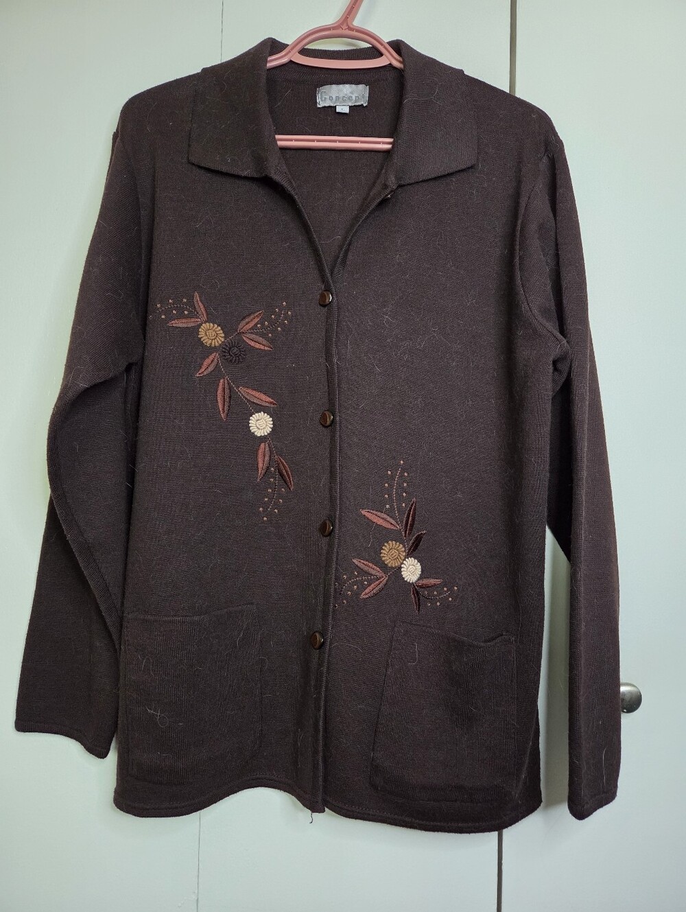 Concept Women's L Brown Button Cardigan with Floral Embroidering